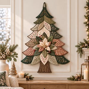 May include: A wall-hanging quilted Christmas tree decoration featuring layered fabric leaves in shades of green, cream, and muted rose. The tree is accented with embroidered details, small red berries, and a central poinsettia flower with gold beads.