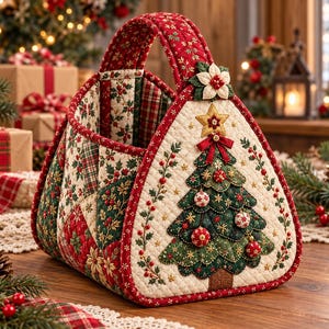 Puede incluir: Una cesta de tela acolchada con un panel lateral triangular que presenta un árbol de Navidad aplicado, una estrella dorada y adornos rojos. La cesta está confeccionada con tela de color crema, rojo y verde con patrones de acebo y flores de pascua.