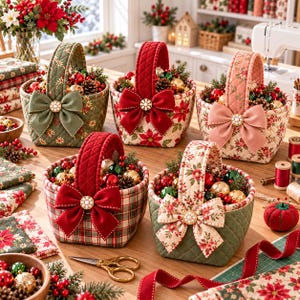 May include: Five quilted fabric baskets with handles, each decorated with a large bow and a central pearl-like embellishment. The baskets feature various holiday-themed patterns including poinsettias and plaid, and are filled with colorful ornaments.