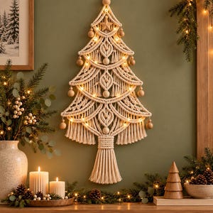 May include: A wall-hanging macrame Christmas tree made of off-white cotton cord, featuring intricate knotted patterns, wooden bead accents, a central wooden star at the top, and integrated warm white fairy lights throughout the structure.