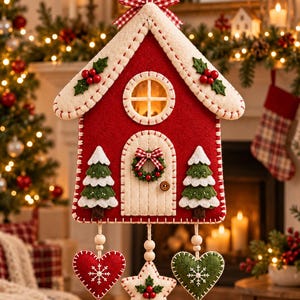 May include: A red and cream felt house ornament featuring a round window, a door with a wreath, and two green trees. The roof is decorated with holly and a red gingham bow. Three dangling felt shapes, two hearts and a star, hang below.