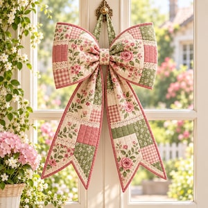 Quilted Bow Door Hanger PDF Pattern, Cottage Garden Floral Patchwork Bow Sewing Pattern, Farmhouse Door Decor, DIY Fabric Bow