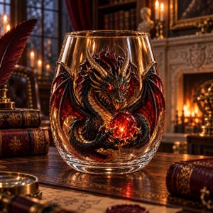 Puede incluir: Un vaso de cristal transparente con un relieve tridimensional de un dragón negro con detalles en rojo, que sostiene una esfera roja brillante entre sus garras. El dragón presenta escamas detalladas, cuernos afilados y alas extendidas.