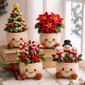 Kerst gehaakte plantenpot speelgoed, kerstbloempot, handgemaakte winterknuffel, cadeautje voor in de kerstsok, decoratie voor een etagère, feestelijke bureauversiering