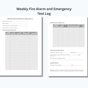 Può includere: Un documento stampato di due pagine intitolato Weekly Fire Alarm and Emergency Test Log. Le pagine contengono tabelle strutturate per registrare i test del sistema di allarme antincendio, i controlli dell'illuminazione di emergenza e le firme.