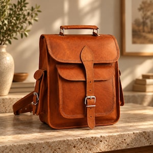 May include: A tan leather backpack featuring a top handle, a main flap with a vertical strap and silver-toned metal buckle closure, and a front pocket. The bag includes side pockets with flap closures and adjustable shoulder straps.