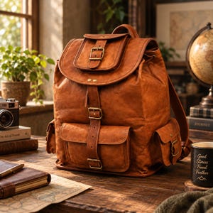 May include: A tan leather backpack featuring a top flap with a buckle closure, a large central vertical strap with a buckle, and two side pockets with buckle closures. The bag has a structured design with visible stitching and antique brass hardware.