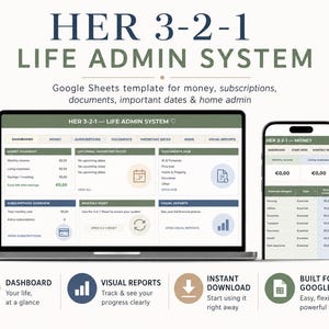 HER 3-2-1 Life Admin Google Sheets Template | Money, Documents, Subscriptions & Home Organization Dashboard