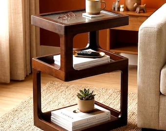 Solid Wood End Table, 3 Tier Side Table, Mid Century Modern, Fluted Top, Retro