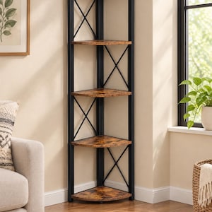 May include: A five-tier corner shelf unit featuring a black metal frame with X-shaped side supports and rustic brown wood-grain finish shelves. The tall, narrow structure is designed to fit into a corner, providing storage space on each level.
