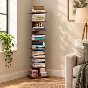 May include: A tall, vertical, dark brown wooden bookshelf with multiple horizontal shelves stacked in a staggered arrangement. The shelves are filled with various books of different colors and sizes, and a pink box sits at the base.