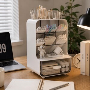 May include: A white desk organiser featuring a top section with multiple vertical slots for pens and tools, a middle shelf with grid dividers for stationery, and a bottom drawer with a clear front panel. A small astronaut figurine stands inside.