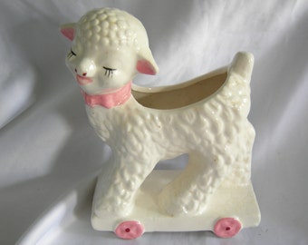 White Lamb Planter Vase | Pink Ribbon Ears and Accents | Vintage