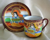 Hand Painted Moriage Japanese Motif Demitasse Fine Porcelain Cup Saucer MADE IN JAPAN Vintage 1940s 3 saucers 2 Cups Available
