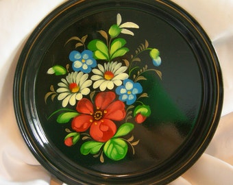 Russian Black Tole Metal Tray | Hand Painted Colorful Floral | Vintage