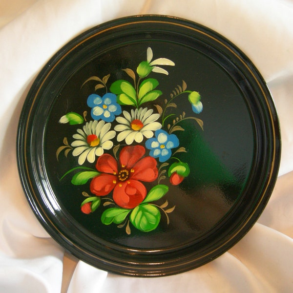 Russian Black Tole Metal Tray | Hand Painted Colorful Floral | Vintage