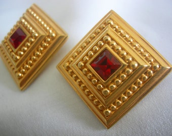 Square Red Crystal and Gold Tone Swarovski Pierced Earring | Swan Logo | Vintage 1986 - 1996