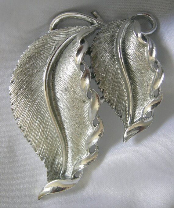 Brushed Silver Tone Double Leaf Brooch Pendant - … - image 3