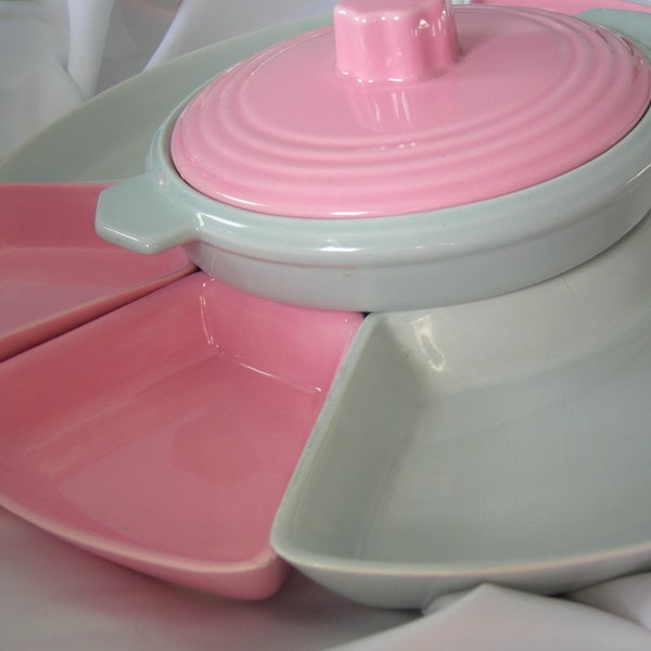 8 Piece Pink and Grey Lazy Susan Serving Set - Trays & Lidded Bowl - Vintage 1950-1960