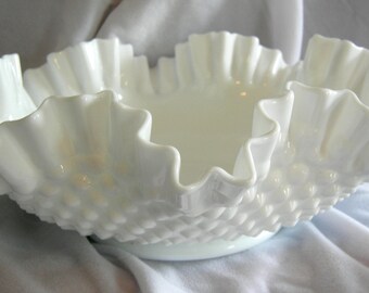 12 Inch Fluted and Crimped White Milk Glass Hobnail Bowl | Unsigned WESTMORELAND | Vintage 1960-1970