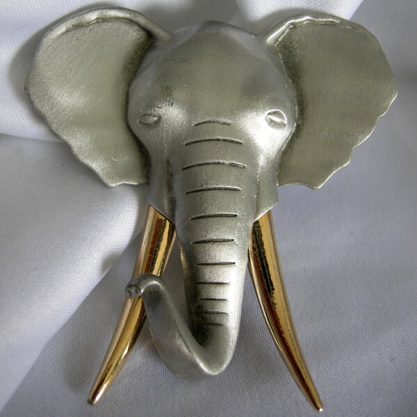 Pewter Tone and Gold Elephant Head Brooch Pin - Signed JJ (Jonette) - Vintage Circa 1986