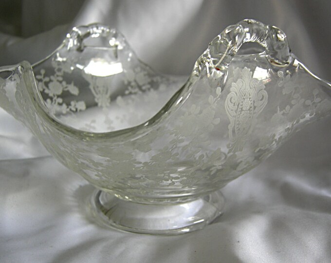 Etched Floral Motif Crystal Glass Handled Bowl Unsigned Etsy