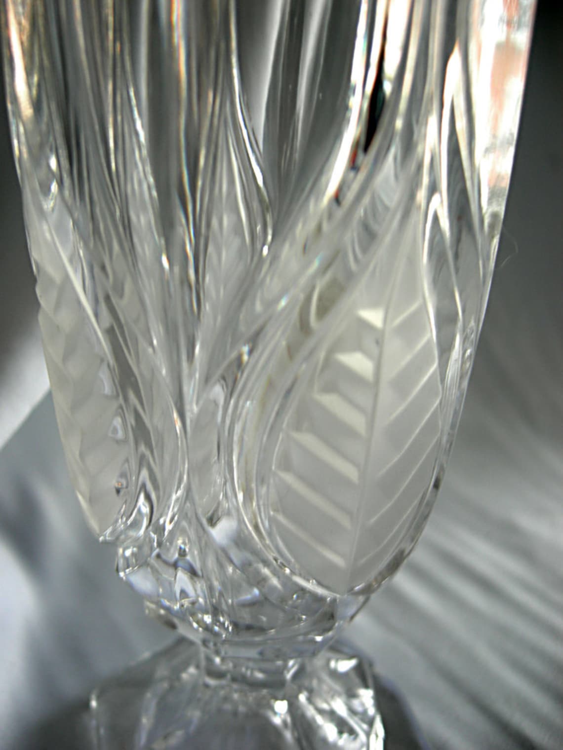 24 Lead Crystal Vase With Hand Ground Clear and Frosted Leaf Motif