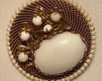 White Glass Cabochon and Seed Beaded Brooch