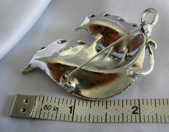 Brushed Silver Tone Double Leaf Brooch Pendant - … - image 4
