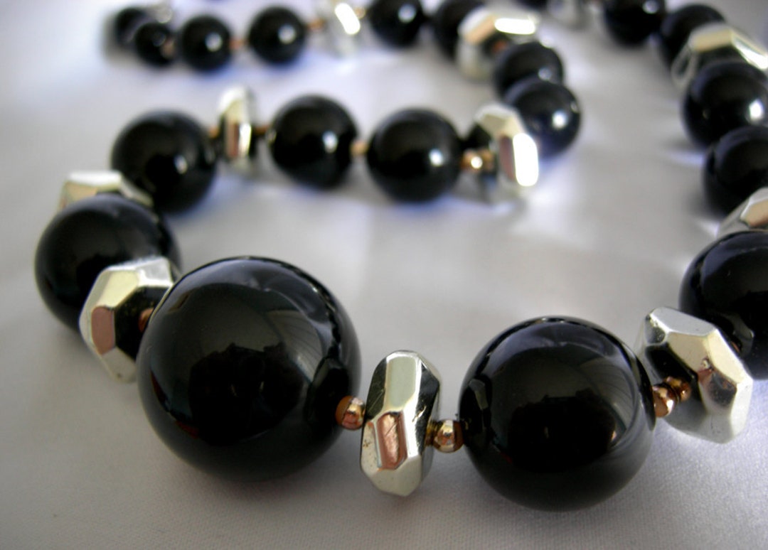 Bold and Chunky Shiny Black Chrome & Gold Beaded Necklace - Etsy