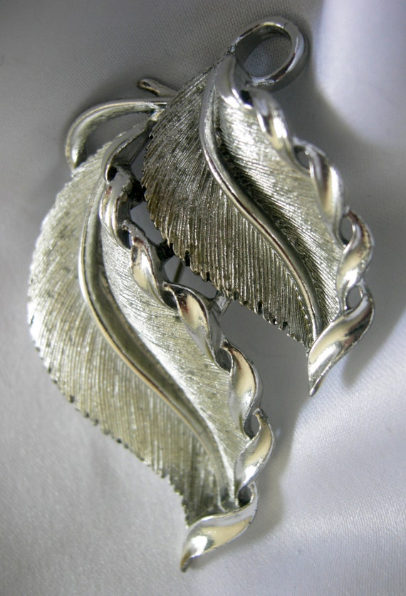 Brushed Silver Tone Double Leaf Brooch Pendant - … - image 1
