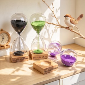 May include: Three glass hourglasses with black, green, and purple sand on wooden bases. The bases feature engraved text: Make Every Second Count, You + Me, Always, and Together Through Every Moment. A small wooden bird figurine sits on a branch.