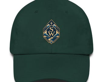 Spaceword Expedition Cap - Art Deco Mountain Badge, Spruce Green Dad Hat, Printed Adventure Gaming Cap