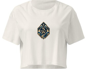 Spaceword Expedition Crop Top - Art Deco Mountain Badge, Ecru Cropped Tee, Adventure Gaming Apparel S-2XL