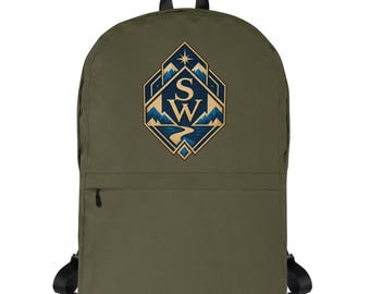 Spaceword Expedition Backpack - Art Deco Mountain Badge, Olive Green Travel Backpack, Gaming Adventure Bag