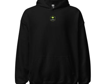 LUCE7 Logo Hoodie - Glowing Cube Emblem Front & Hero Shield Back, Black Unisex Gaming Hoodie S-2XL