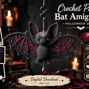 May include: A crochet pattern for a bat amigurumi featuring a black and dark red hanging bat with large ears, red eyes, and a dangling red crystal bead. The digital file includes text reading Crochet Pattern Bat Amigurumi and Step by Step Guide.