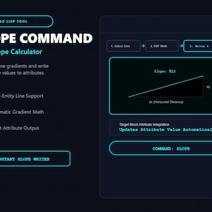 May include: A dark-themed digital interface for an AutoCAD LISP tool titled SLOPE COMMAND. It features a line slope calculator, a diagram showing slope percentage, dx, and dy, and lists features like Multi-Entity Line Support and Automatic Gradient Math.