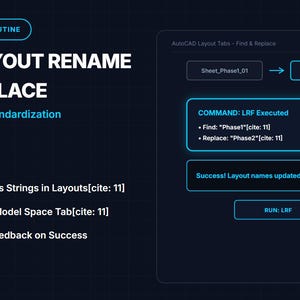 Peut inclure: Un graphique numérique bleu foncé pour une routine AutoCAD AutoLISP intitulée BATCH LAYOUT RENAME FIND & REPLACE. Il affiche la commande LRF, des fonctions de remplacement de chaînes, le contournement de l'espace objet et un diagramme.