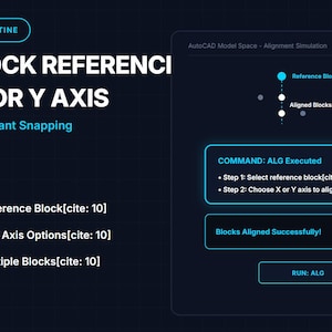 Op de afbeelding: Een donkerblauwe digitale afbeelding voor een AutoCAD AutoLISP-routine getiteld ALIGN BLOCK REFERENCE ALONG X OR Y AXIS. Het bevat tekst met details over het commando ALG, stapsgewijze instructies en een simulatie van blokuitlijning.