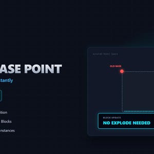 May include: A digital graphic for an AutoCAD AutoLISP routine titled CHANGE BASE POINT. It features command buttons BP and BPR, a diagram showing an old base point in red and a new base point in blue, and text stating NO EXPLODE NEEDED.