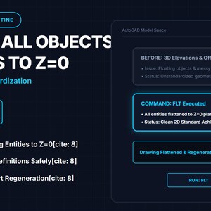 May include: A dark blue digital graphic for an AutoCAD AutoLISP routine titled FLATTEN ALL OBJECTS & BLOCKS TO Z=0. It lists features including command FLT, flattening entities, processing blocks, and automatic viewport regeneration with status updates.