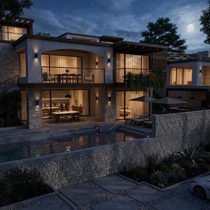 May include: A multi-level stone and concrete house at night featuring a swimming pool, illuminated balconies, large glass sliding doors, and outdoor seating areas. The exterior walls are constructed from light-colored stone masonry.