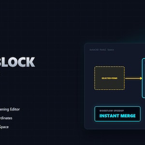 May include: An AutoCAD AutoLISP routine graphic titled ADD TO BLOCK Bypass Block Editor (BEDIT) with command ADB. It features a diagram showing selected items merging into an existing block, with text highlighting instant merge and workflow speedup.