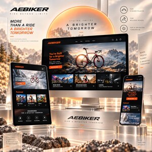 Puede incluir: Un monitor de computadora, una tableta y un teléfono inteligente que muestran el sitio web de AEBIKER. Las pantallas presentan paisajes de montaña, bicicletas de carretera y el texto "More Than a Ride, A Brighter Tomorrow." Dispositivos en plataforma.