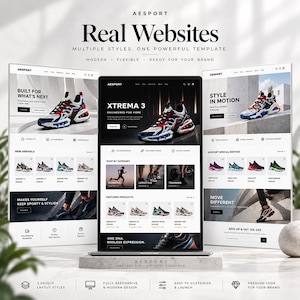 May include: A digital display showing three website templates for a sneaker brand named AESPORT. The layouts feature product photography of athletic footwear, navigation menus, category sections, and promotional text like Real Websites.