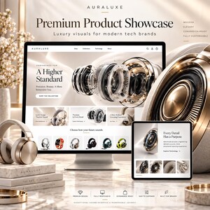 May include: A computer monitor and tablet displaying the Auraluxe website, featuring premium headphones and audio technology. The screen shows text including A Higher Standard and Every Detail Has a Purpose, with gold and white branding elements.