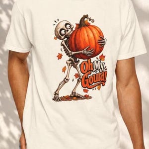 Camiseta divertida de Halloween, camiseta de calabaza "Oh My Gourd", camiseta con estampado de esqueleto, camiseta espeluznante de otoño