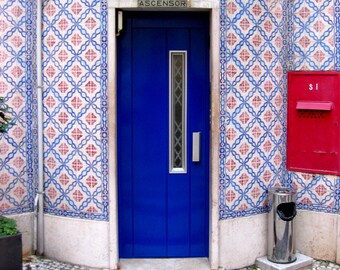Lisbon, Portugal Door Photograph. Tiled Blue Door. Azulejo. Portuguese Wall Decor. Travel Photography. Tiles. Red. White. Home Decor. Gift
