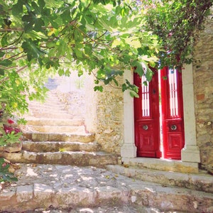 Red Door Greece Photograph Print, Greek Islands, Symi, Fig Tree, Greek Decor, Greece Travel Photography, Vintage Wall Art, Red Wall Decor